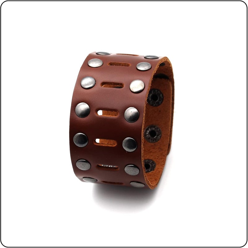 Fusamk Punk Rock Double Row Rivets Wristband Hollow Wide Leather Cuff Bracelet - Image 4
